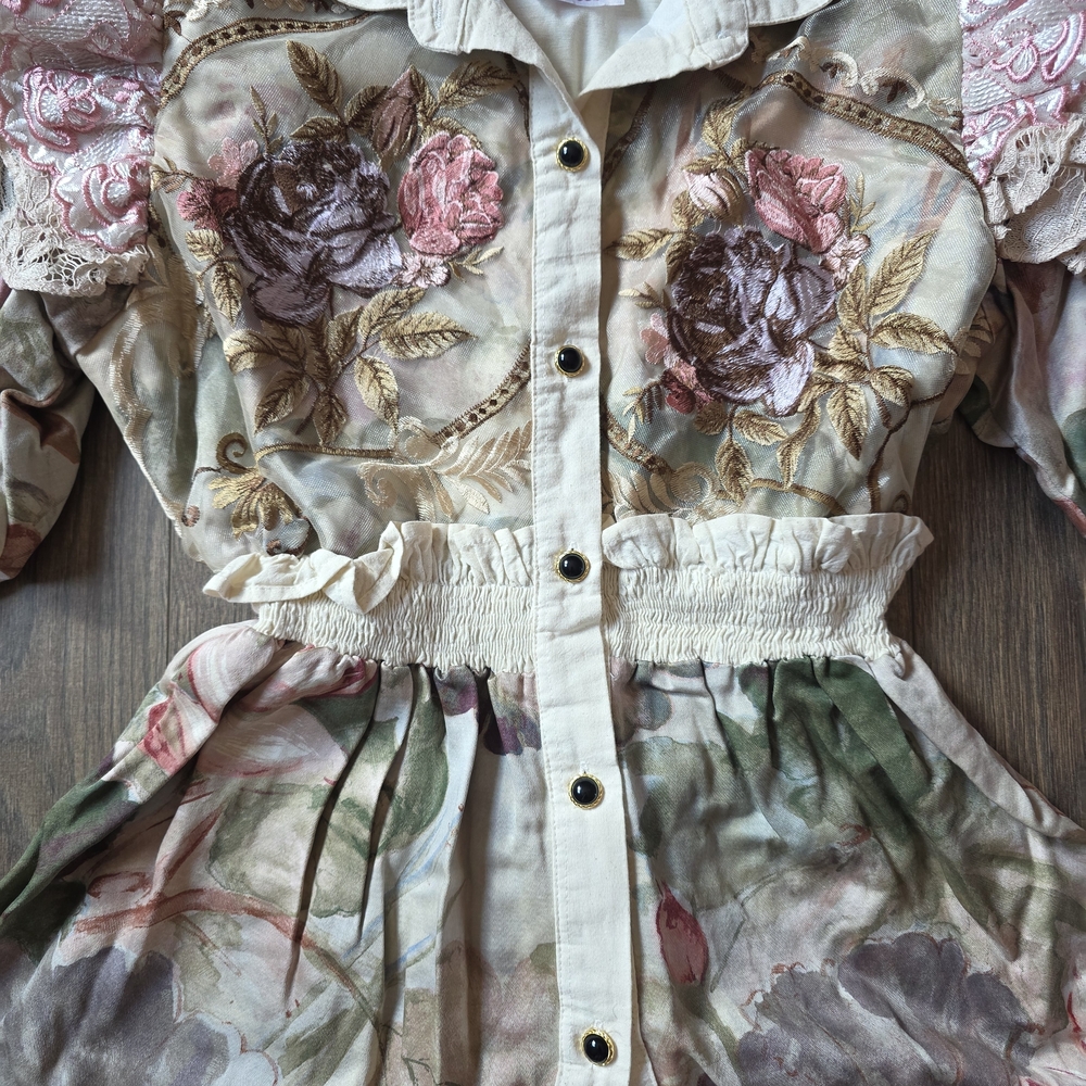 Floral Lace Puff-Sleeve Girls' Shirt - Pink & Cream - Picture 3 of 6